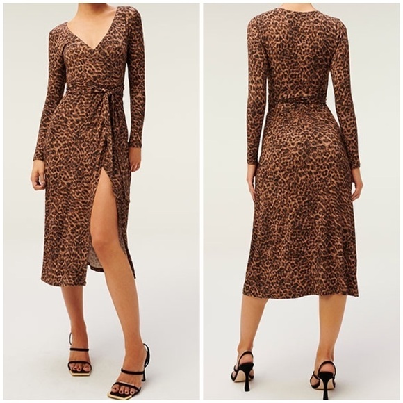 New Good American Daynight Wrap Dress Sepia Leopard Brown Stretch Sz 0 - Picture 1 of 14